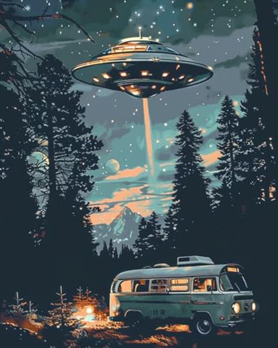 Tucocoo Starry UFO DIY Paint by Numbers for Adults Bus in Forest DIY Oil Painting Acrylic Paint Art Moon Stars Painting Kits Canvas with Acrylic Paint UFO Fantasy Decor 16x20 Inch (DIY Frame ) - color: Ufo 03, size: 16''x20''(DIY Frame)