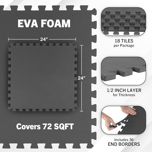 EVA Foam Mat Tiles 18-Pack - 72 SQ FT of Interlocking Padding for Garage, Playroom, or Gym Flooring - Exercise Mat or Playmat by Stalwart (Gray) - color: Grey