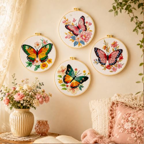 Zhenqing 4 Butterfly Floral Cross Stitch Kit, 11CT Printed Fabric with Hoop | 4 butterfly floral designs with 11CT printed fabric, floss, one hoop, tools and English guides. - color: 4 Butterfly Kit