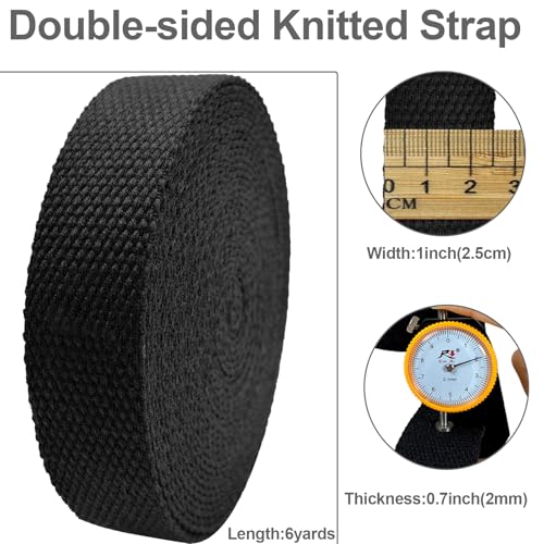 Black Heavy‑Duty Cotton Webbing Strap 1''x6yds for Bags | 2mm thick webbing for dog collars, backpack, bag handles, apron straps, slings, sewing repairs & DIY craft projects. - color: Black