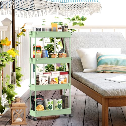 SPACEKEEPER Slim Rolling Storage Cart, 4 Tier Bathroom Cart Organizer,Green | Narrow Rolling Cart with Wheels for Kitchen Office Bathroom Laundry Room,Mobile Utility Cart for Craft Art Makeup Nail Polish - color: Green
