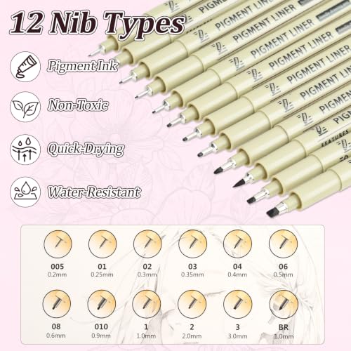 Micro Fineliner Pens 12 Types of Pen Nibs Fine Point Black Waterproof Drawing Pens, Archival Pigment Ink Sketching Supplies, Artist Inking Markers for Manga Journaling Illustration - color: 12 Tip Sizes