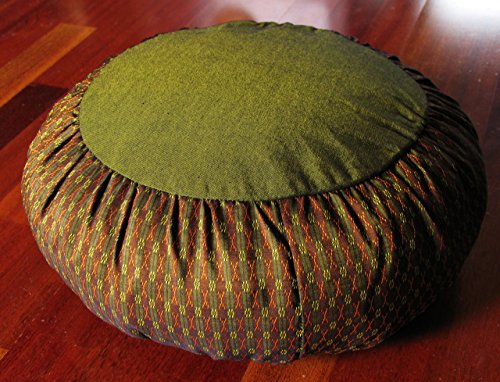 Meditation Cushion Zafu Pillow Buckwheat Fill - Global Weave and Ikat Fabric Copper Green - color: Copper Green