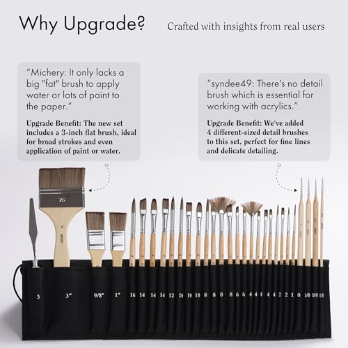 ARTIFY 30 Pieces Professional Paint Brush Set – Expert Series Synthetic Nylon Brushes for Acrylic, Oil, Watercolor, Gouache – No Shedding, Canvas Roll Case & Palette Knife, Artist Gifts Art Supplies - color: Wooden
