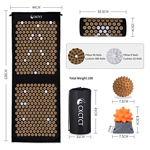 Extra Long Yoga Acupressure Mat Set,Massage Acupuncture Mat Large,Magnetic Mat Acupressure Body mat and Pillow for Neck Back Pain Relief(Gold) - color: Gold