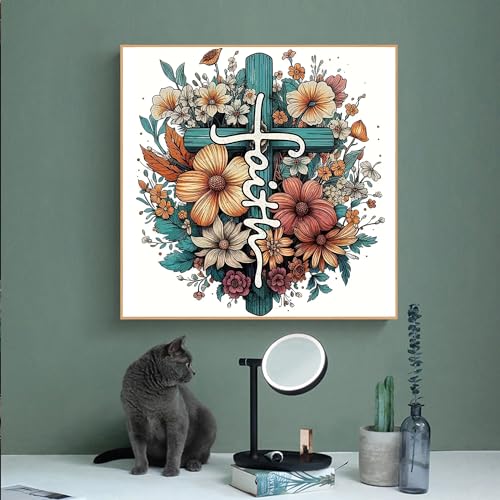 Ohhvvow Cross Flowers Diamond Art Painting Kits for Adults, 14x14 Inch Full Drill DIY 5D Diamond Painting Kits with Tools, Home Decor Craft for Relaxation & Stress Relief - color: Jesus Cross