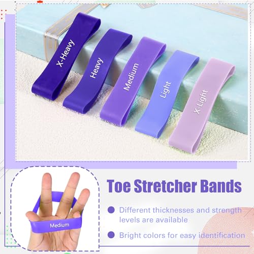 WinnerWhy 5 Pack Toe Exercise Bands Stretcher Separator Spacer,Purple | Silicone Spacers for Bunion Corrector Alignment, Resistance Loop for Yoga Stretching Exercise, Foot Care with Carry Bag - color: Purple