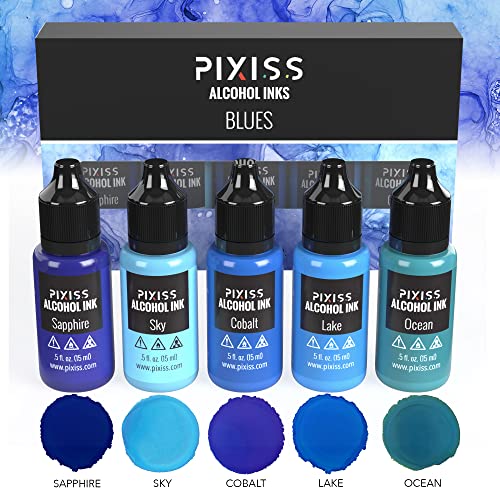 Pixiss Blue Alcohol Ink Set - 5 Shades of Highly Saturated Alcohol Ink for Epoxy Resin Supplies, Yupo Paper, Tumblers, Coasters - Resin Colorant for Epoxy Resin and Resin Art Supplies
