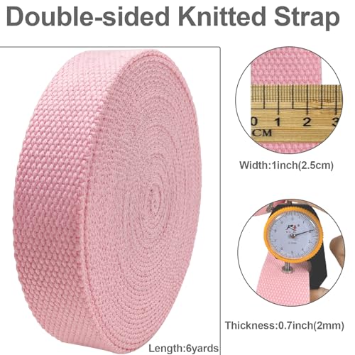 Heavy‑Duty Cotton Webbing Strap 1''x6yds Pink for Bags | 2mm thick webbing for dog collars, backpack, bag handles, apron straps, slings, sewing repairs & DIY craft projects. - color: Pink