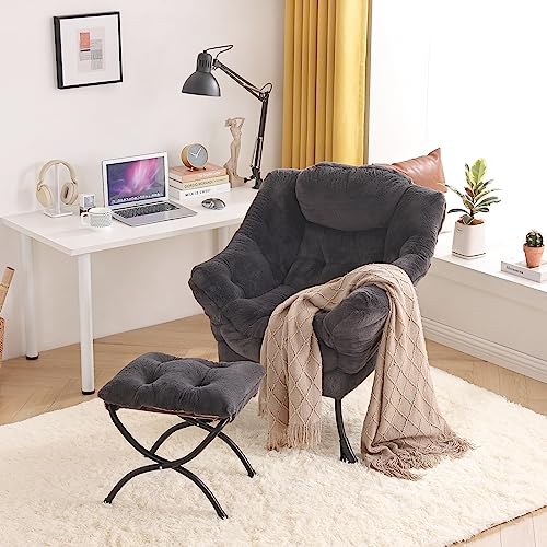 Tiita Lazy Chair with Ottoman, Comfy Reading Accent Chair, Plush Navy - color: Plush-navy