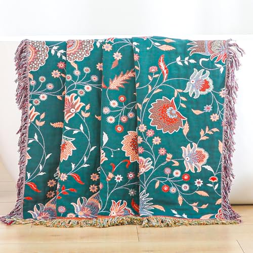 100% Cotton Boho Throw Blanket for Bed White Flowers 90"x98" - color: Cashews, size: 90"x98"