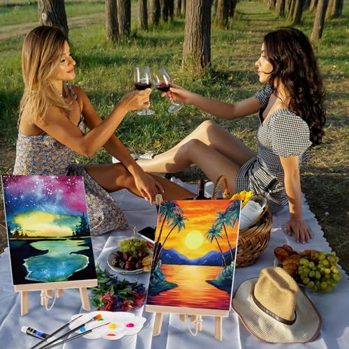 Ctosree 72 Pcs Vivid Sunset Paint and Sip Kit for Adults 8'' x 10'' Pre Drawn Canvas for Painting DIY Pre Printed Canvas for Party Favor Acrylic Painting Kit Wood Easel Brushes Date Night Bulk - style: Vivid Sunset