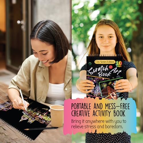Scratch Art Book for Adults - City Series, 10 Rainbow Art and Crafts for Adults | Adult scratch art & foil art for adults kit | stress relief scratch painting, screen-free travel craft | scratch art adult - color: City series