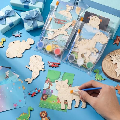 Saypacck 24 Pcs Animal Theme Party Favors Wooden Paint Craft Kits | Princess Unicorn Fairy Cowgirl Themes, With Brush Organza Bag, Ideal for Kids Girls Birthday Party Goodie Bag Fillers - style: Mixed Style