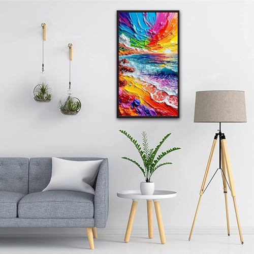 ARTGOTO Large Paint by Numbers for Adults Rainbow Ocean Sunset | 15.7x27.5inch/40x70cm Paint by Number Kit on Canvas, Colorful Beach Wave Acrylic Painting Set with Brushes, No Frame - color: PBN056
