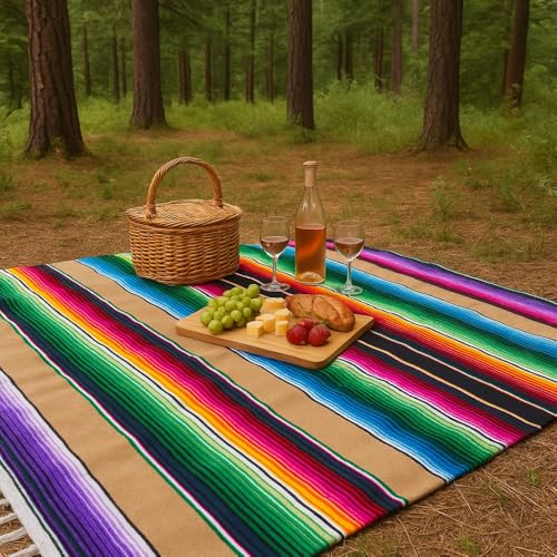 Open Road Goods Authentic Mexican Serape Blanket - Multicolor Saltillo Throw with Classic Stripe Pattern - Lightweight Handmade Blanket for Beach, Yoga, or Home Decor (Tan Multi) - color: Tan Multi