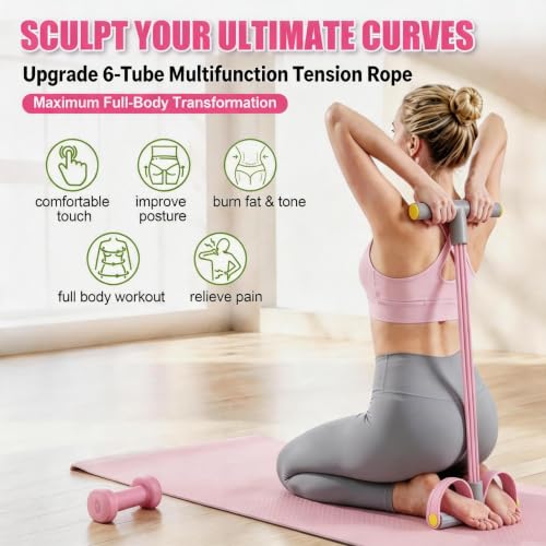 Foot Pedal Resistance Bands with Handles, Multifunction Elastic Yoga Exercise Bands, Home Gym Fitness Equipment for Women & Men to Tone Abs, Core, Legs, Arms, Waist - color: Classic-Pink grey