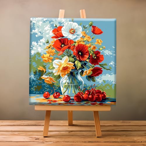 Natuyalo Framed Paint by Number Kits for Adults Beginners, Flowers in Vase Easy Acrylic Adult Paint by Number Kits, Cherry DIY Painting by Numbers Kits with Frame Ideal Gift 12x12 Inch - color: Color-01