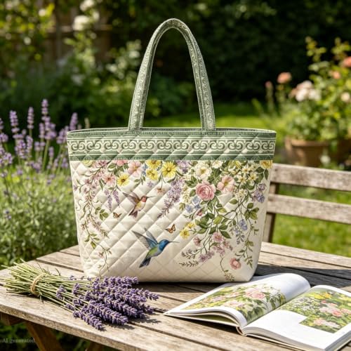Quilted Tote Bag 2 Pack, Women's Tote Handbags for Work Travel - color: Mint Hummingbird Bronze