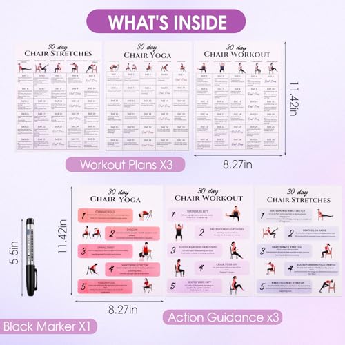 Karlaris 30 Day Chair Yoga Chart Posters Set, 6-Pack | Workout Charts with Black Marker, Stretching & Gentle Seated Exercise Chart, Office Yoga Poses, Senior Exercise Guide