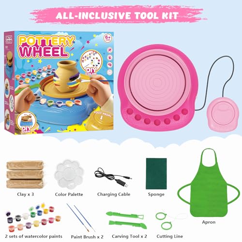 Pottery Wheel for Kids with Air Dry Clay Kit, 12 Paints & Tools, Ages 6-12 | No kiln needed: shape on the electric wheel, air-dry & paint. Gentle beginner speed; kit adds 3 clay packs, tools & apron - color: rose