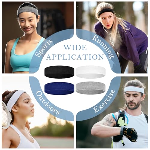 4 Pack Cotton Terry Sweat Headbands for Men Women Running Gym - color: Black/White/Gray/Blue