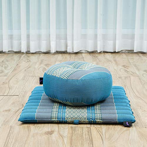Leewadee Meditation Cushion Set – 1 Small Zafu Yoga Pillow and 1 Small Roll-Up Zabuton Mat Filled with Kapok - color: Sf22 - Blue