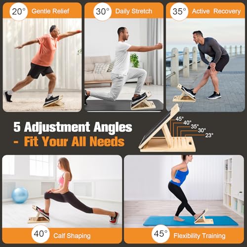 Adjustable Slant Board for Calf Stretching, Wood Incline Calf Stretcher and Squat Wedge 5-Level Incline (20°-45°) for Exercise, Physical Therapy and Ankle Mobility,Knees, Feet, Achilles Support