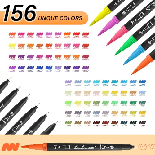 LIULIUCAI 156 Dual Tip Brush Pens, Art Markers for Adult Coloring Books | Colored Drawing Pens, Fine & Brush Tip Coloring Marker for Calligraphy Lettering Journal Doodling School Office Gift - color: 156