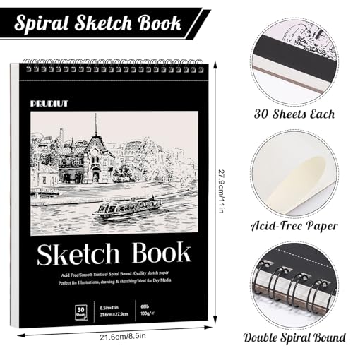 4 Pack Sketch Books 8.5 × 11 in, Top Spiral, 30 Sheets Each, Drawing Pad | 68Lb/100gsm Acid-Free Paper, Smooth for Pencil, Charcoal & Pastel, Hard Backing for Travel & Class - color: Black, size: 8.5 × 11Inch(4 Pack)
