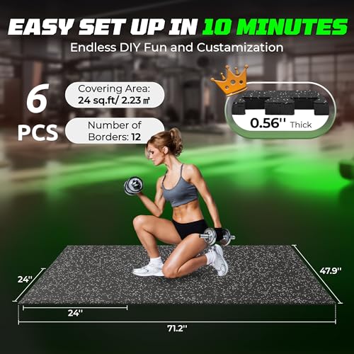 PRAISUN 0.56" Rubber Top Gym Flooring, Heavy Duty Gym Mats for Home Gym - size: 6 Tiles (24 Sq Ft)