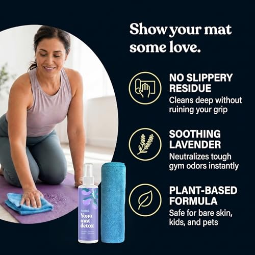 ASUTRA Yoga Mat Cleaner Spray (Peaceful Lavender), 4 fl oz - No Slippery Residue, Organic Essential Oils, Deep-Cleansing for Fitness Gear & Gym Equipment, Microfiber Towel Included | No Slippery Residue, Organic Essential Oils, Deep-Cleansing for Fitness