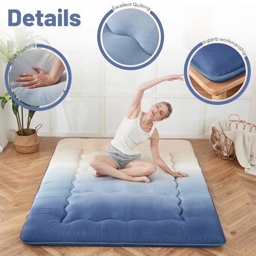 Zelladorra Japanese Floor Mattress, Futon Mattress | Roll Up Tatami Mat with Portable Storage Bag and Washable Cover, Suitable for Camping, Guest Room, Coastal Gradient - color: Coastal Gradient ( 4"th + Dust Cover ), size: Twin (80"L x 39"W)