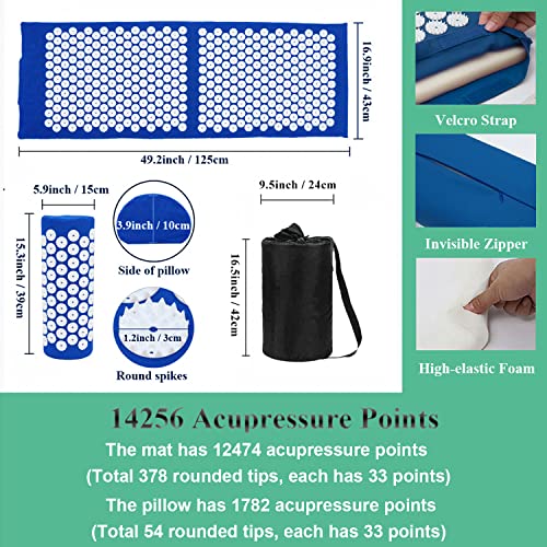 XiaoMaGe 47" Acupressure Mat and Pillow Set with Carry Bag (Blue) | Large acupuncture mat for neck & back pain relief, muscle relaxation, circulation support, and post-workout recovery - color: Blue-large