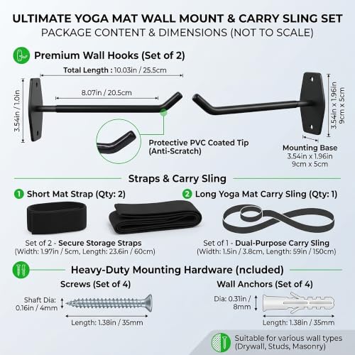 Yoga Mat Wall Mount Holder & Straps for Eyelet Workout Mat Hanging Storage | 2 Hooks, 2 Adjustable Elastic Straps & 1 Carry Sling - Home Gym Storage Hanger for Exercise Mat, Pilates Mats & Foam Rollers