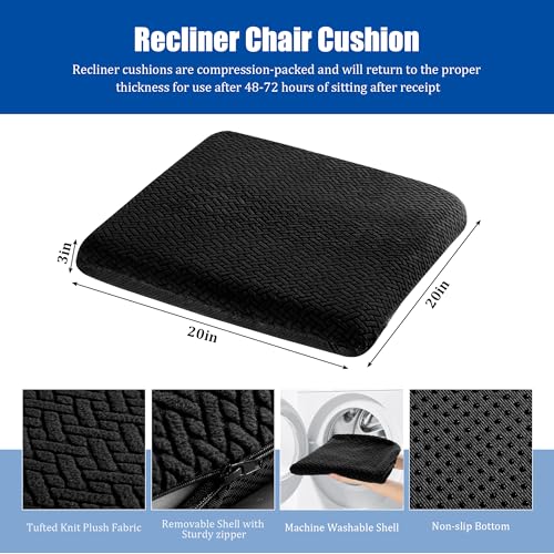 HOMBYS Tufted Furry Recliner Seat Cushion for Elderly Foam Curved Edge Large Square Seat Cushion for Office Chair, Car, Floor Pillow, No Pressure on Thighs (Black) - color: Black, size: 20*20*3in
