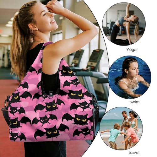Gym Bag with Yoga Mat Holder Large Tote Bag With Multi Pockets for Women Men Dry Wet Separated Pocket Carryall Yoga Tote Bag for Pilates Travel Workout Office - color: Bat Print