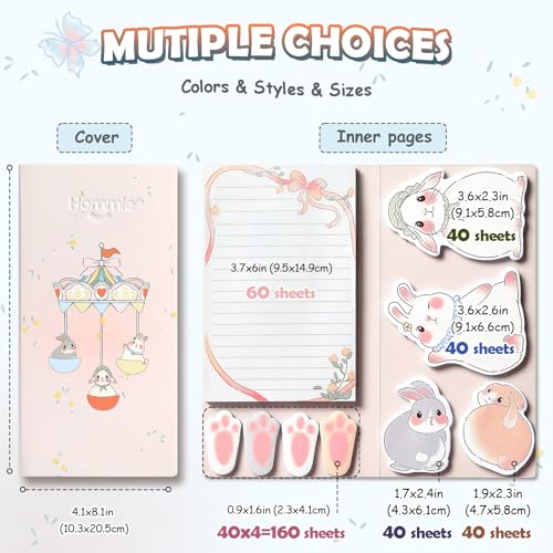 Hommie Cute Sticky Notes Set, Sticky Notes Set Planner Dividers, Easter Bunny Self-Stick Memo Pads with Animal Divider Tabs, Bundle Writing Designs for Office, School, Easter Party Supplies - color: Rabbit(pink Background)