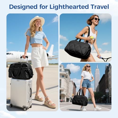 Women's Duffle Gym Bag, Carry-On Shoe Compartment for Weekender Overnight - color: Black, size: Medium