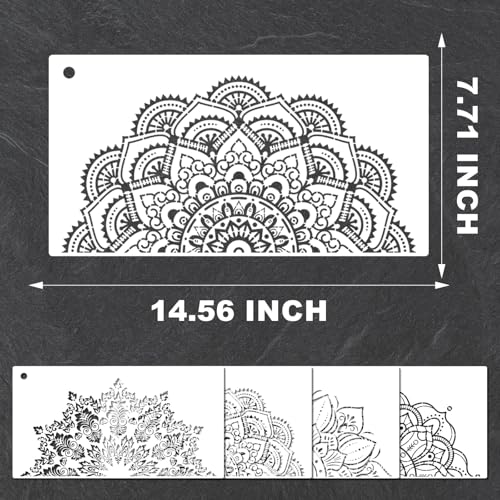 YKW 4 Pack Mandala Stencils for Painting - Reusable Large Mandala Templates - 14.5x7.7 Patterns for Wall, Fabric, Wood, Heterosexual Stone - DIY Home Decor Art Craft Supplies, Translucent and Soft - style: Large Half Mandala