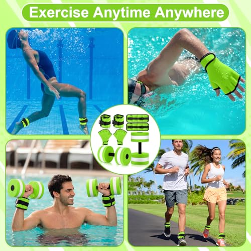 Hollowfly 6 Pcs Water Aerobics Equipment Set Full Body Pool Exercise Kit, 2 Aqua Dumbbells, 2 Adjustable Ankle/Wrist Weights, 2 Webbed Swim Gloves, Low Impact Aquatic Workout Gear - color: Green, size: 2.5lb