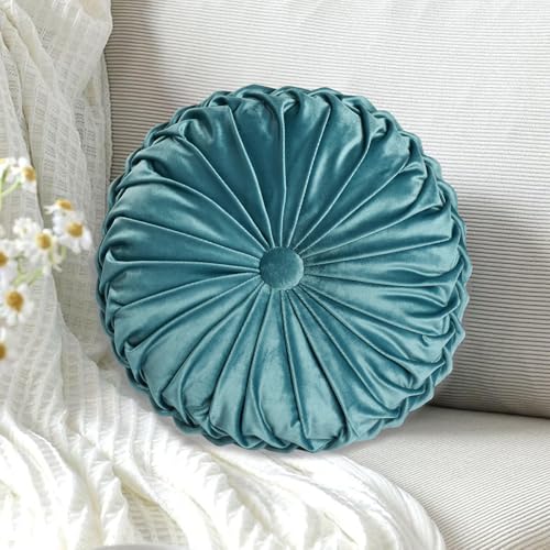 HIG Set of 2 Teal Velvet Decorative Round Pleated Throw Pillows - color: Teal