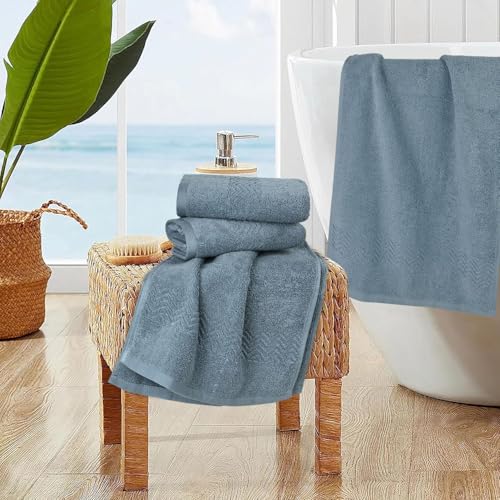 Cleanbear Cotton Hand Towels with Wavy Pattern, 4-Pack, 13 x 28 Inch | Quick Dry & Lightweight Hand Towels for Bathroom, Kitchen, Gym, Blue-Gray - color: Blue-gray