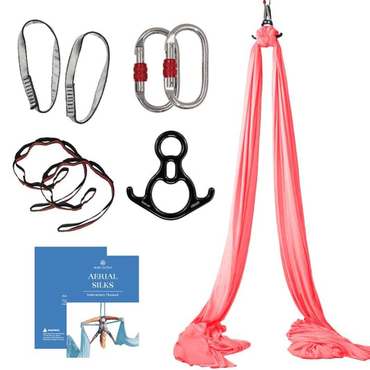 Aerial Silks Starter Kit, 9 Yards, Aerial Yoga Hammock, Hardware | Knitted fabric with pose guide, for aerial yoga, gymnastics, silk swing, stretching and home gym use, suitable for all levels - color: Pink