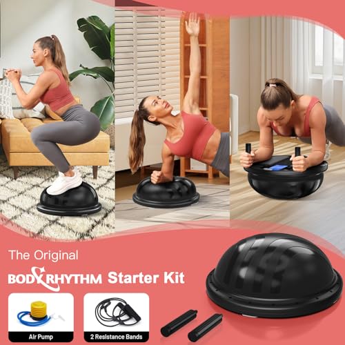 BODYRHYTHM 2 in 1 Balance Ball & Plank Board Trainer with Free iOS/Android App & 4 Free Games for Full Body Workout - Half Exercise Yoga Ball Trainer with 2 Bands & Pump for Strength Training - color: Black