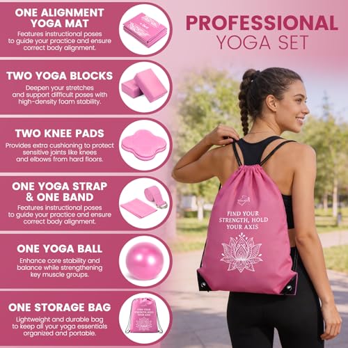 Foldable Yoga Mat and Blocks Set for Women with 2 Pack Yoga Blocks and Strap,Thin Non Slip Pilates Mat with Bag, Home Workout Equipment Essentials Starter Kit for Beginners Full Body Toning - color: Pink