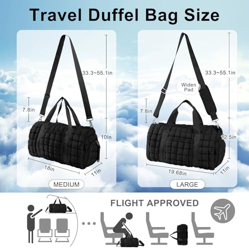 Quilted Travel Duffle Bag Gym Bag for Women,Large Puffer Duffle Weekender Bag with Compartment,Workout Overnight Carry on Organizer Bag Duffle Bag for Airplane Travel(L-Black) - color: Black, size: Large