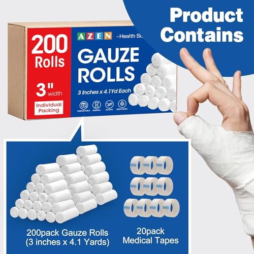AZEN 200 Pack Gauze Rolls Bandages, 3 in x 4.1 Yards, First Aid Supplies & Premium Medical Supplies, Bandage Wrap Vet Wrap - color: 200p, size: 3IN