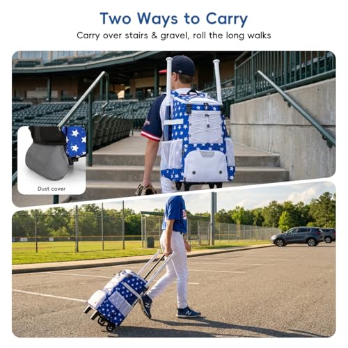 KAVIGOR 2-in-1 Rolling Baseball & Softball Bag, Detachable Backpack, Roll or Carry, Dual-Pole Anti-Tip, 3.5" Wheels, No Tools Setup - color: White & Blue
