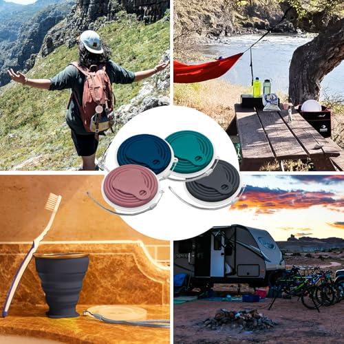 Litoexpe 4 Pack Silica gel Collapsible Travel Cup 270ml | Dark Gray & Pink & Navy Blue, with Lids, Portable Folding Camping Cup, for Camping and Travel - color: Dark Gray & Pink & Navy Blue &Teal